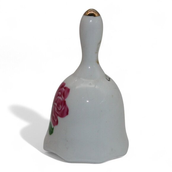 Vintage White Ceramic Bell W/ Pink Rose Design & Gold Accent Handle Made In Taiw - Picture 2 of 5